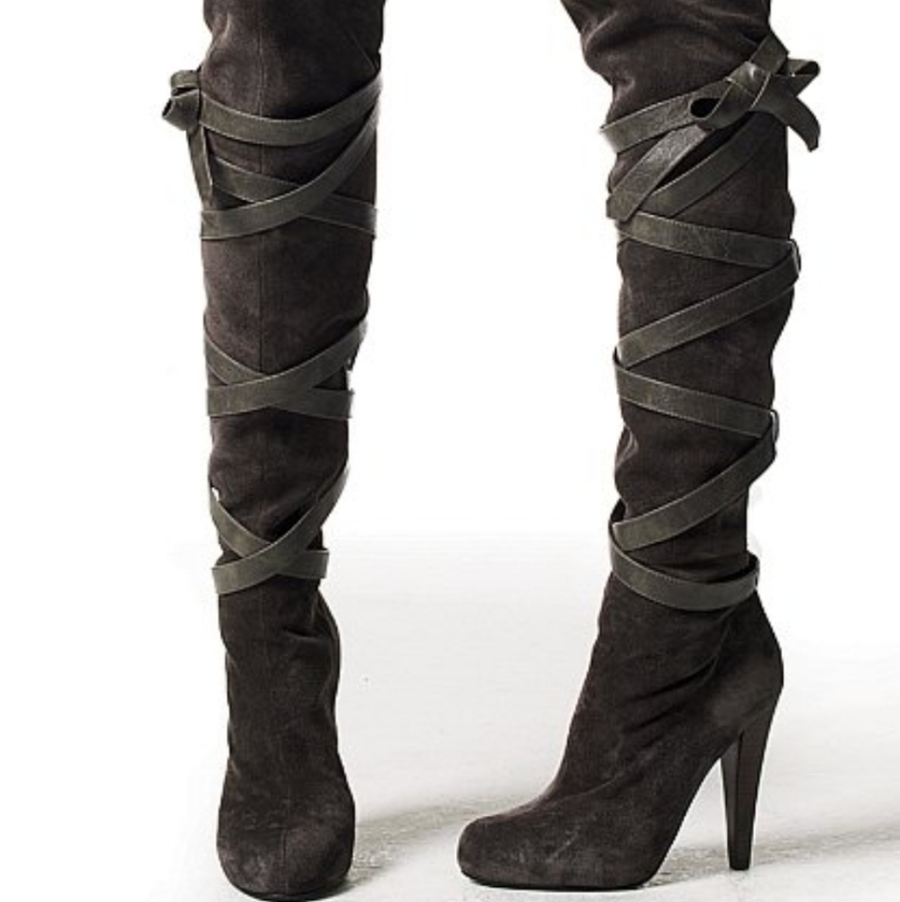 Collin Stuart over the knee dark gray strap boots
